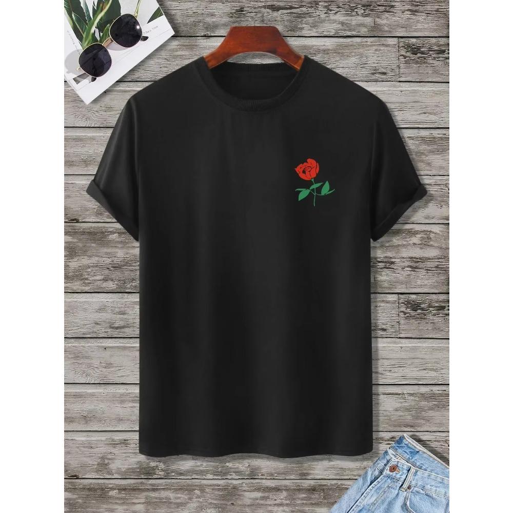 Rose Print T-Shirt for Men's Casual Crew Neck Short-Sleeve Fashion Summer T-Shirts Tops, Regular and Oversize Tees