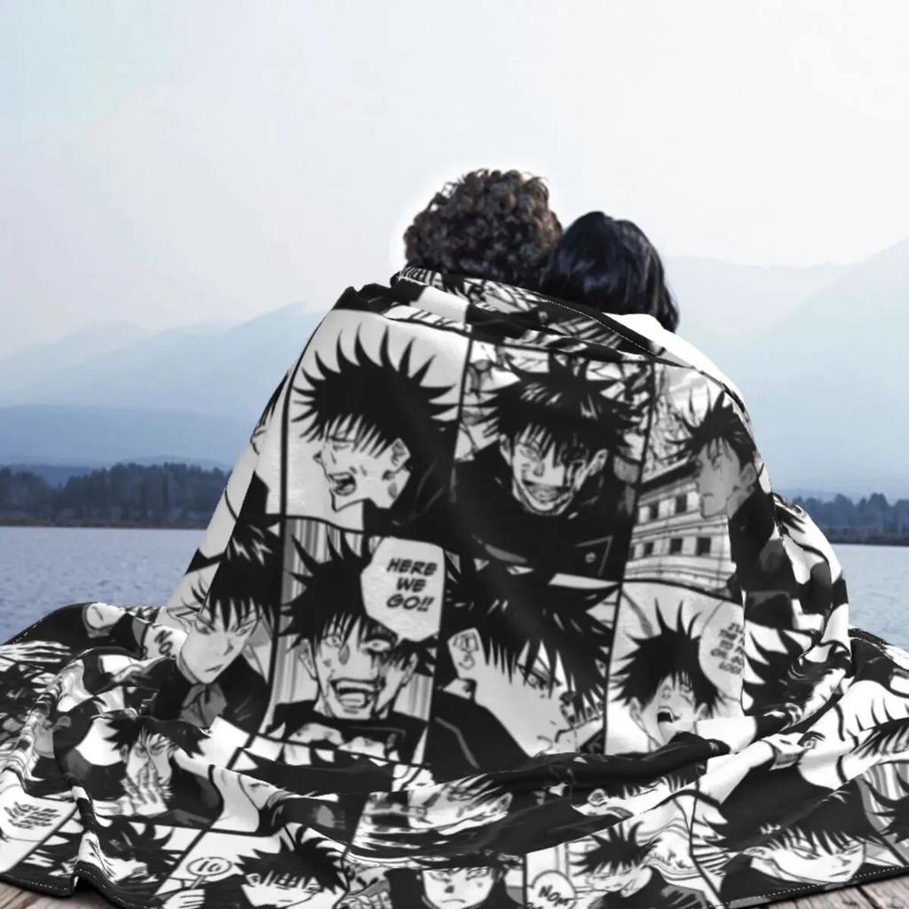 Fushiguro Megumi Manga Collage Blanket Fleece Jujutsu Kaisen Anime Lightweight Thin Throw Blankets for Airplane Travel Bed Rug