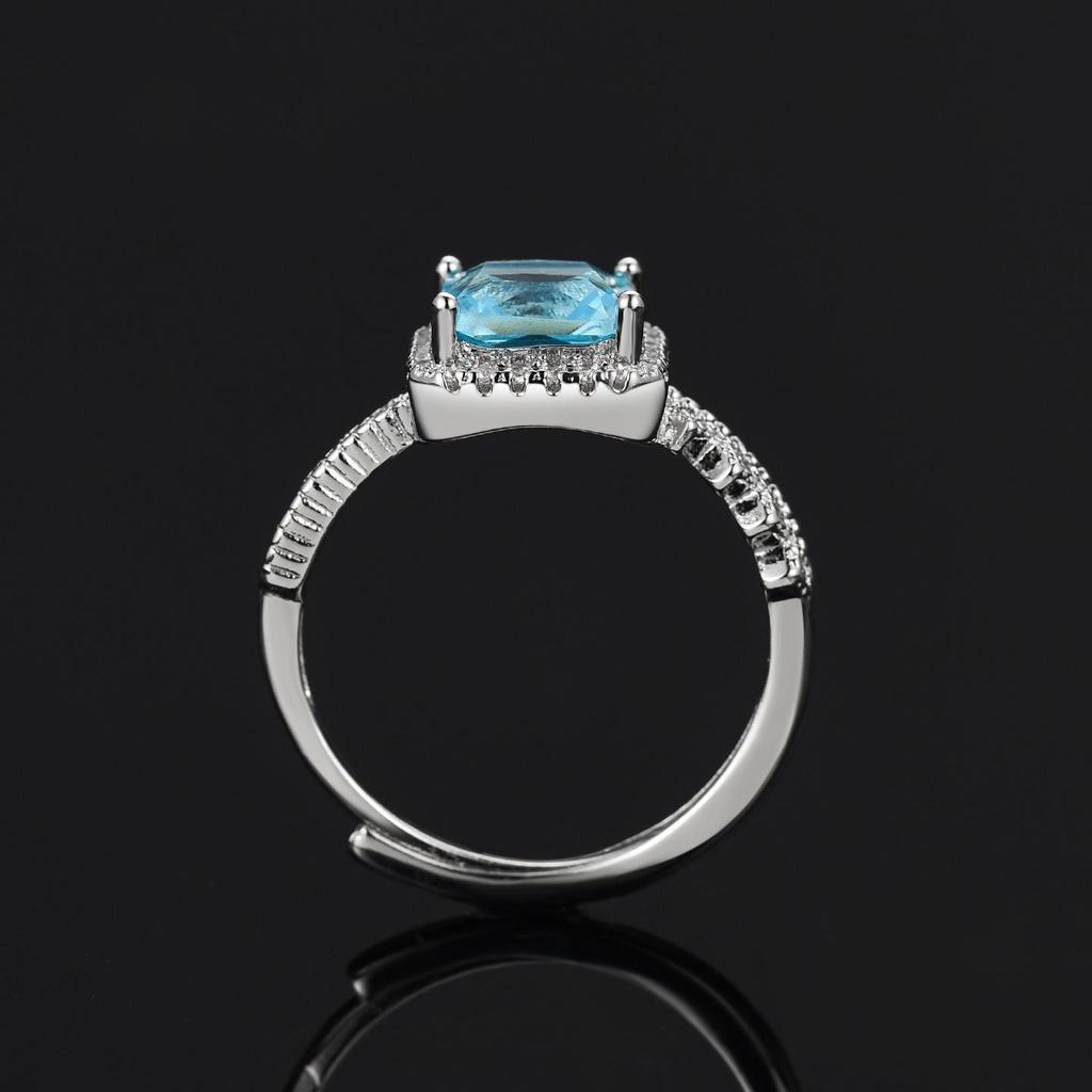 Blue Sugar Cube Women's Adjustable Open Ring - Four-Claw Inlaid Design, Fashion Light Luxury
