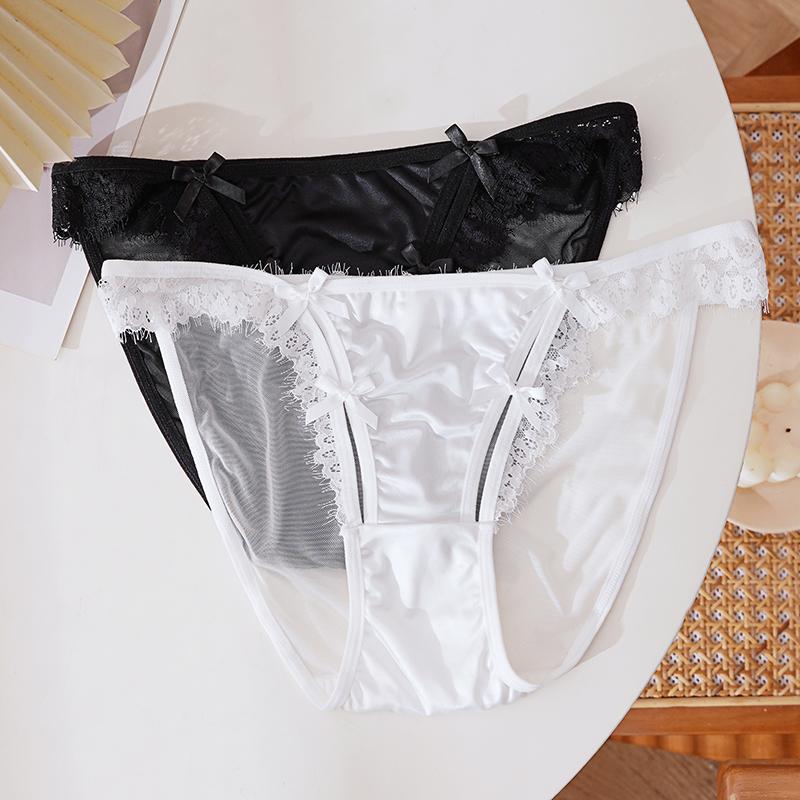 CINOON 3Pcs/Lot Women's Satin Sexy Briefs Lace‑Trim Mesh Spliced Panties Bow‑decor Solid‑Color Hollow‑out Bikini Briefs