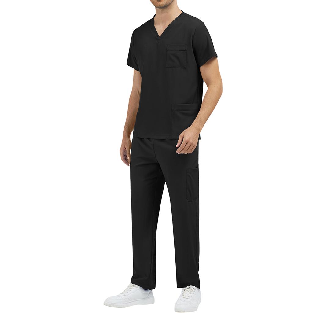 Men’s V Neck Short Sleeve Scrub Set Two Piece Uniform with Chest Pocket and Straight Leg Pants for Medical Work