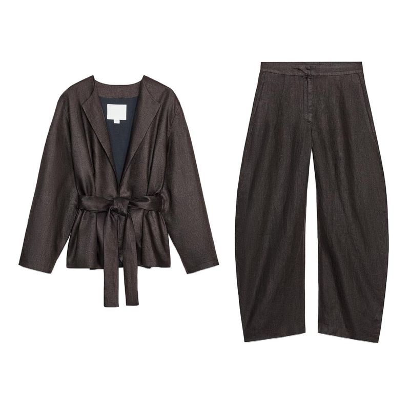 Linen Blend with Belt round Neck Kimono Coat 8426329 Balloon Mid Waist Pants 7627242