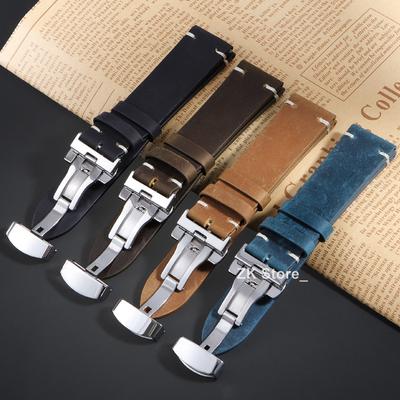 Genuine Calfskin Watch Band 18 20 21 22 24mm Strap Oil Wax Stitching Cowhide Leather Replacement Wristband Butterfly Buckle Band