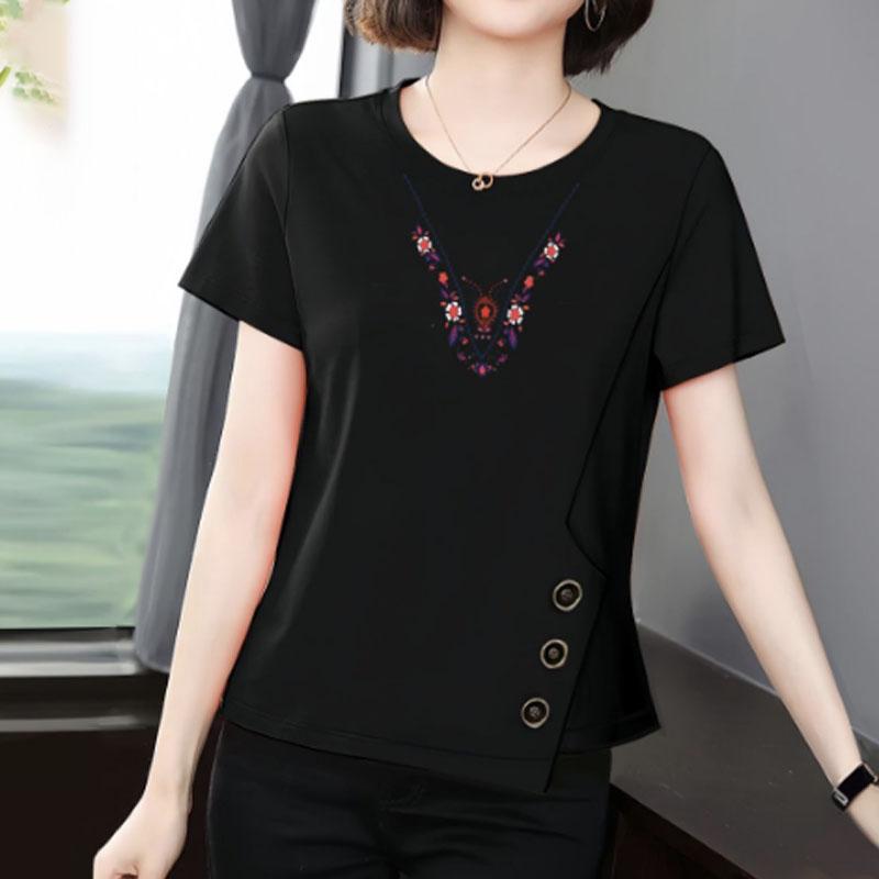 Summer Pure Cotton Short Sleeved Top for Women Summer Plus Size Loose Middle-aged Mother All Cotton Half Sleeved T-shirt