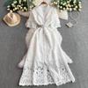 High-end temperament water-soluble lace stand-up collar short-sleeved dress women's summer new single-breasted waist and thin skirt