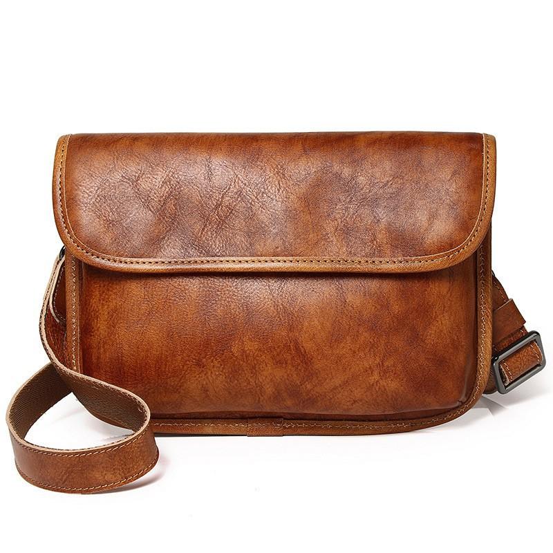 Men s Leather Crossbody Bag Summer Trend Shoulder Top Layer Cowhide Black 24x3x16