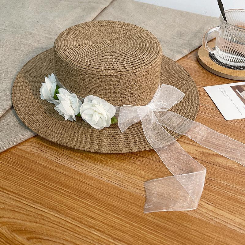 Women's Spring and Summer French Style Bowknot Floral Straw Hat Beach Sun Protection Hat UV Protection Sun Hat Fashionable Headwear