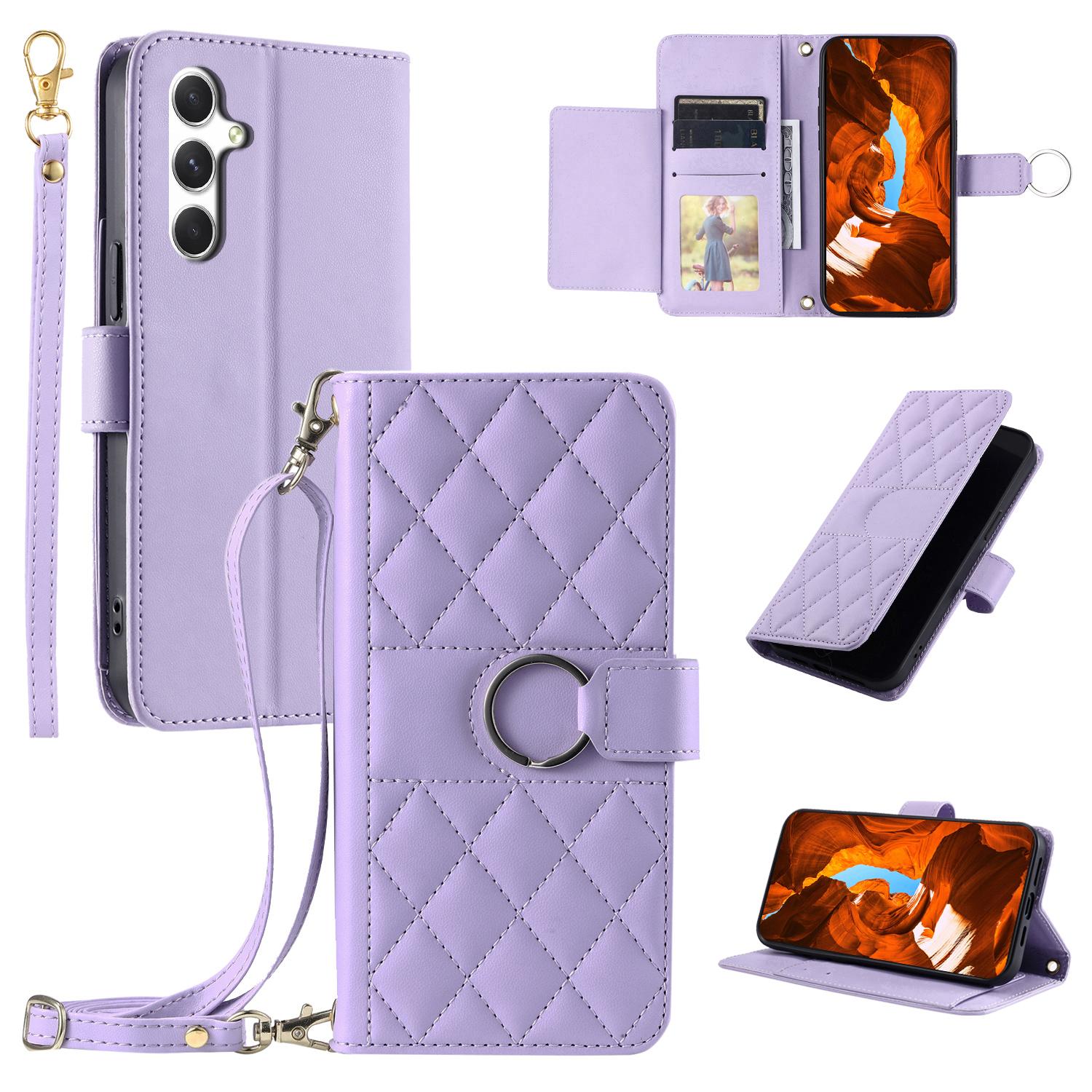 

Для Samsung Galaxy S25+ Кожаный чехол-кошелек через плечо с кольцом-застежкой, подставкой, ромбовидным дизайном B