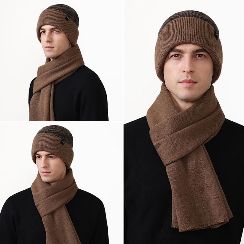 Winter Windproof Warm Knitted Hat Two-Piece Set Velvet Thick Pullover Cap Two-Color Striped Hat Scarf Set