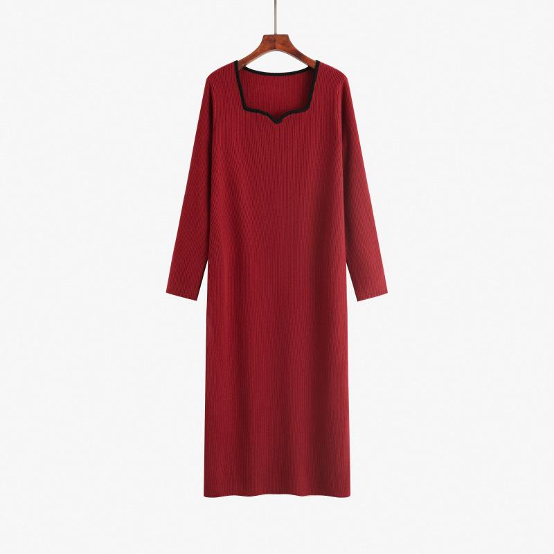 

Плюс Размер Женщин V-образный вырез Одежда Снаружи Внутри с Длинной Юбкой Свободного Трикотажного Платья XXL бордовый