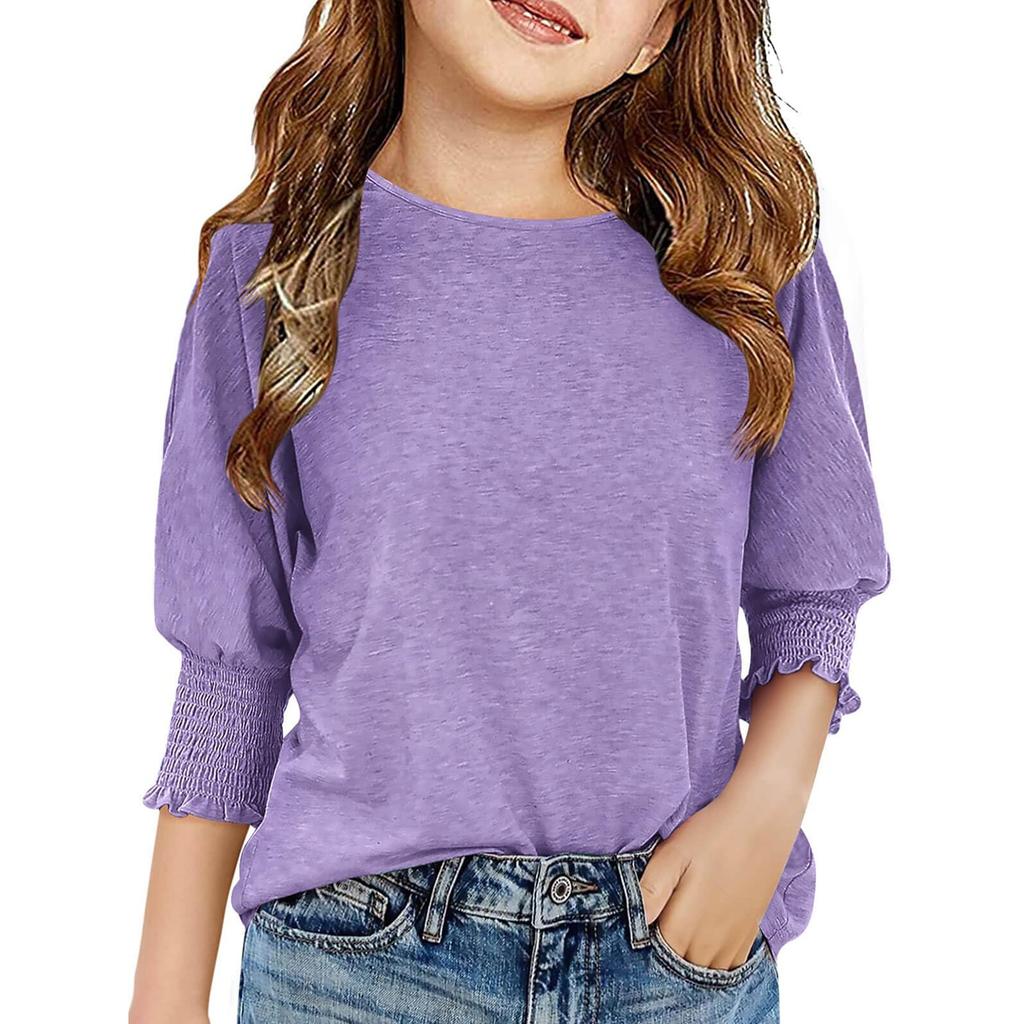Girls' 3/4 Sleeve Blouse - Round Neck Ruffle Shirt