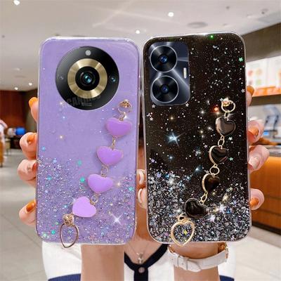 Realme11pro Love Heart Wrist Chain Glitter Case para Oppo Realme 11 Pro Plus 11pro 8 9 9pro 11pro C55 C53 Pulseira Silicone Capa