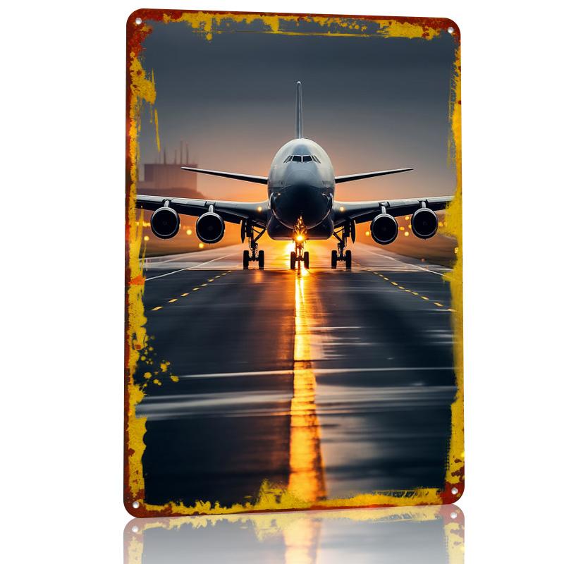 Airliner Take Off Rainy Printed Poster Customized Wall Art Retro Vintage Metal Tin Signs for Room Ornaments Home Decorations