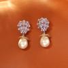 Elegant Zircon Drop Pearl Earrings Women French Vintage Style Sterling Post Gold Plated Geometric Design