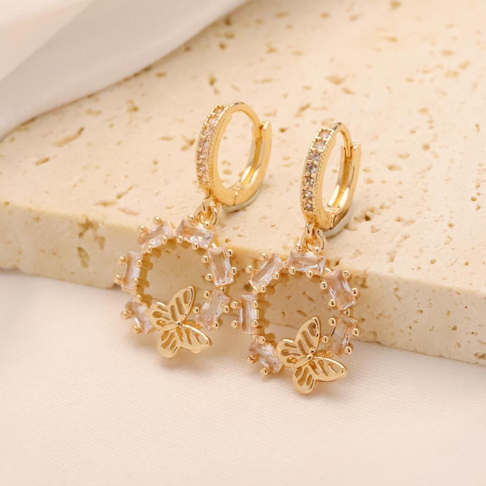 1 Pair Luxury Round Zirconia with Butterfly Dangle Earrings for Women Golden Earring Jewelry Wedding Party Accessories