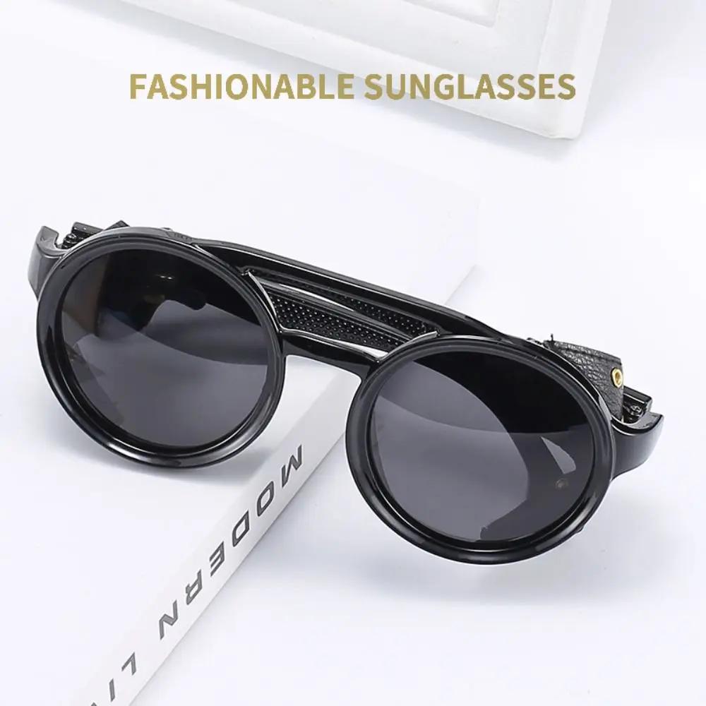 Round Punk Black Sunglasses Sun-Protective Shades for Driving Fishing Outdoor Photos Decoration Eyewear