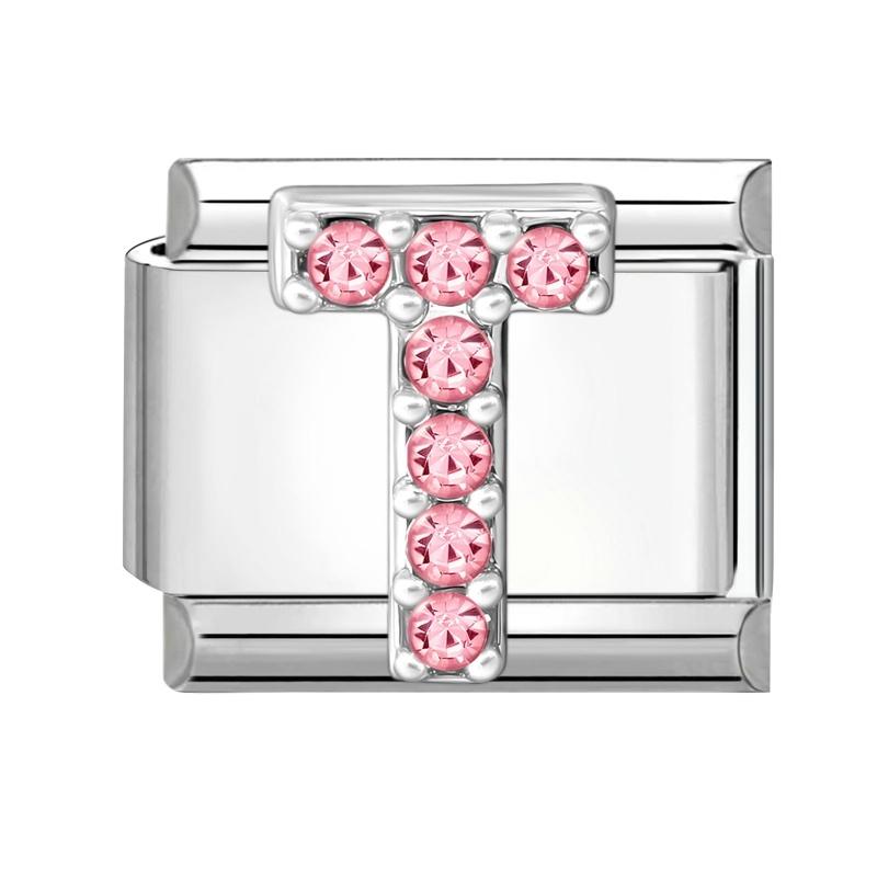 1pz Micro Intarsiato Zirconia Rosa Full Zircone 26 Lettere Inglesi Fascino Italiano Adatto Bracciale in Acciaio Inossidabile da 9mm Gioielli Fai da Te