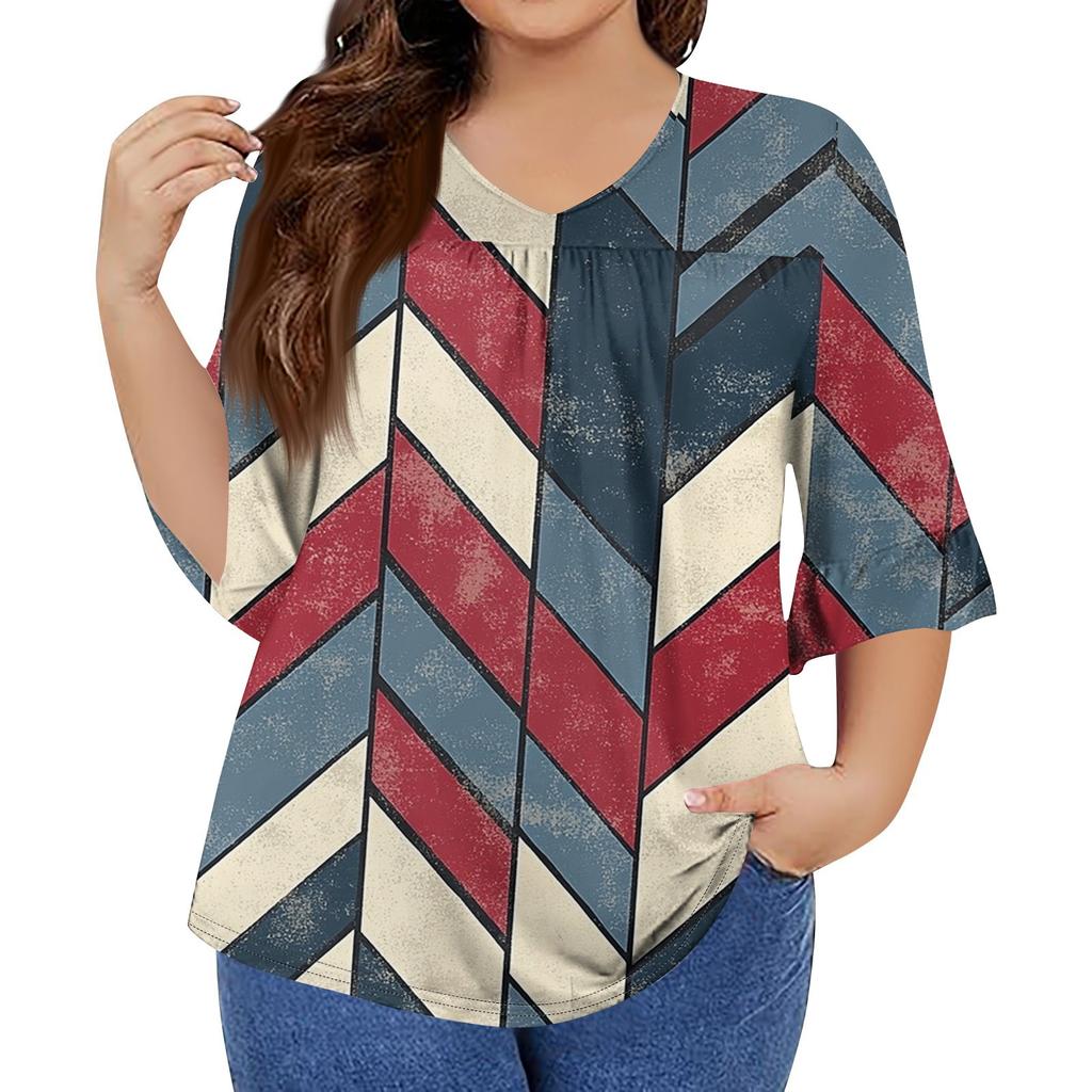 Women's Fashion Casual Retro Printed V-Neck Seven-Point Sleeve Ruffle Sleeve T-Shirt Tops Plus Size Women's
