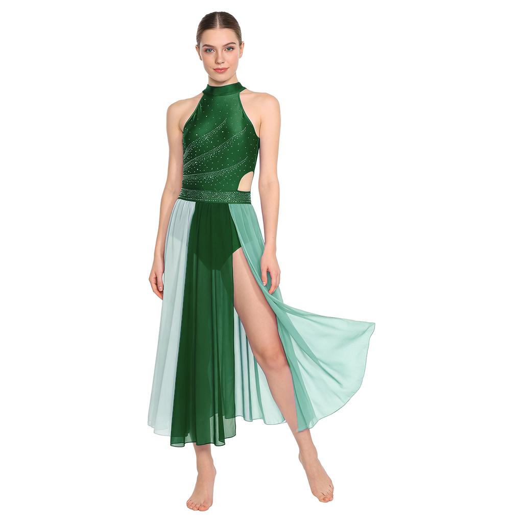 Rhinestone Color Block Mesh Leotard for Women S-XXL: Sleeveless Slit Hem Bodysuit Dress for Lyrical Contemporary Dance Costume