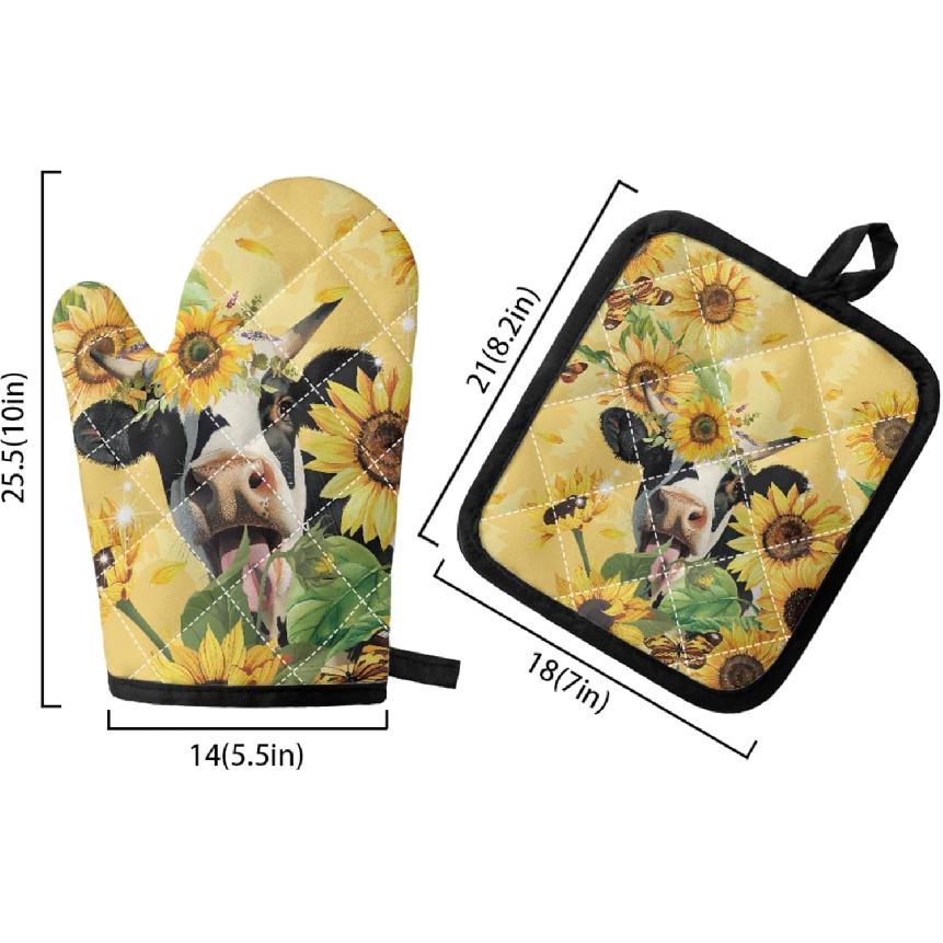 UNICEU Sunflower Cow Print Oven Mitts and Pot Holders Set of 4 Heat Resistant Kitchen Oven Mitts Gloves and Potholders for Baking Cooking Grilling