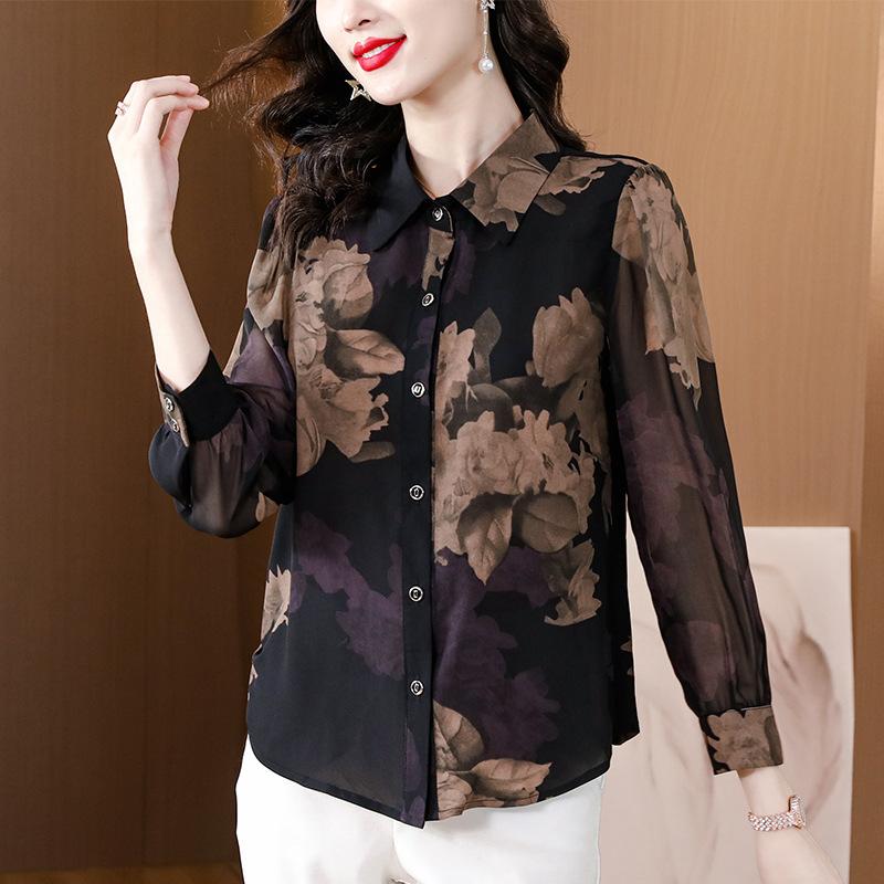 Beautiful Age-reducing Floral Long-sleeved Shirt Middle-aged Mother's Autumn New Style Polo Collar Shirt
