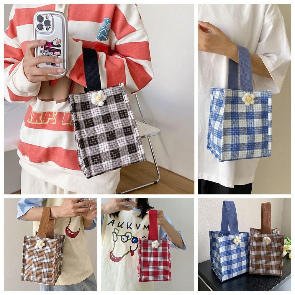 

Handle Bag Lattice Tote Bag Purse Handbag Simple Canvas Small Bag Girls