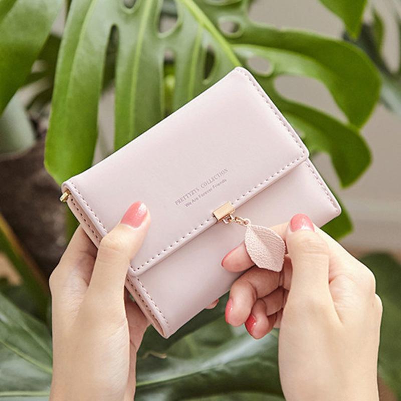Women Wallets Leaf Pendant Fresh Style Multi-Card Short Wallet, Card Holder, Leather Clip, Coin Purse