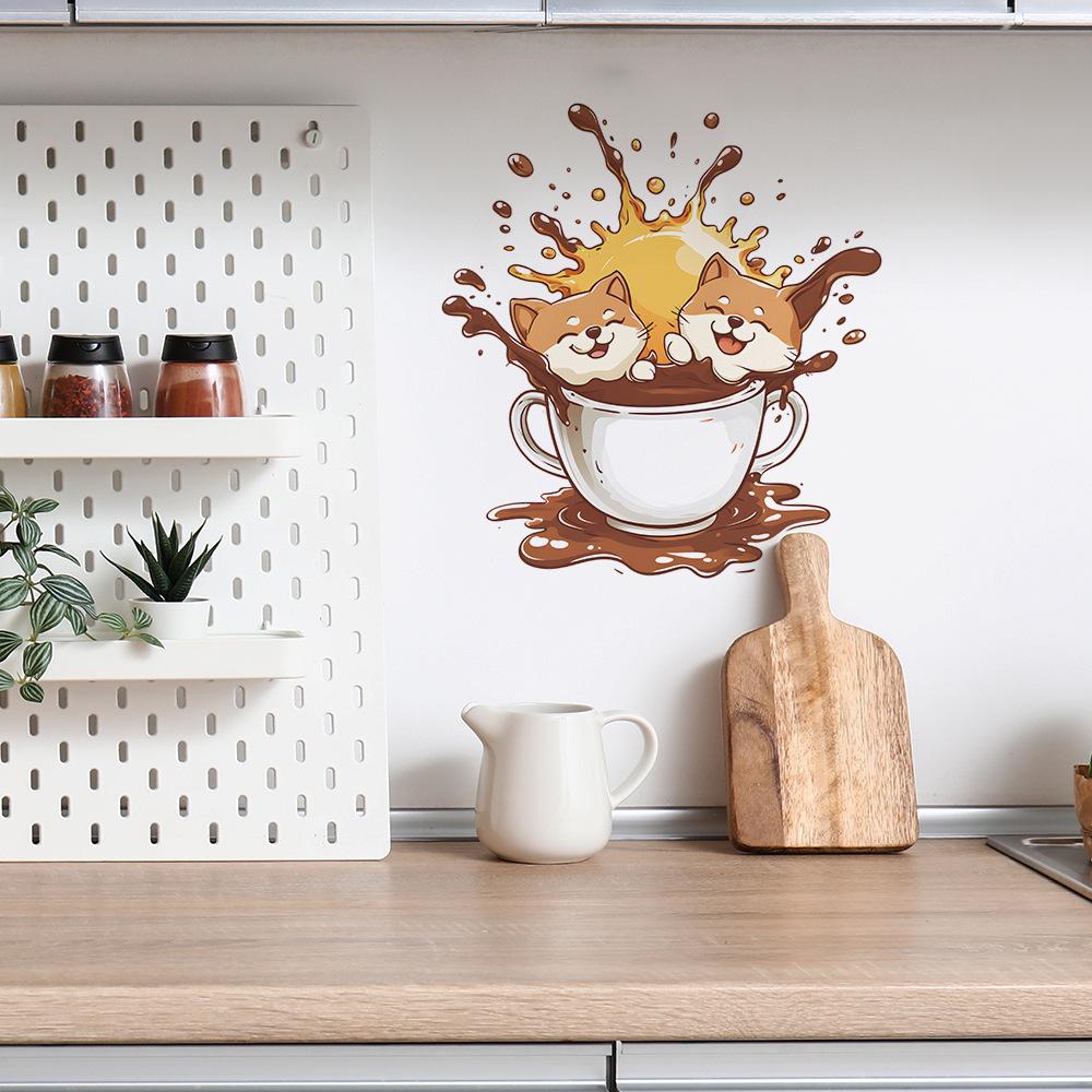 Creative Coffee Cups Cat Coffee Shops Kitchen and Dining Rooms Wall Background Beautification and Decorative Wall Stickers
