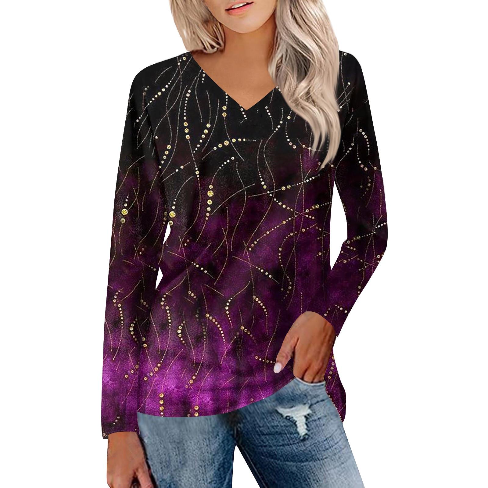 

Женская мода, повседневная футболка с v-образным вырезом и рукавами 3/4 с цветочным принтом, топ на пуговицах L темно-фиолетового