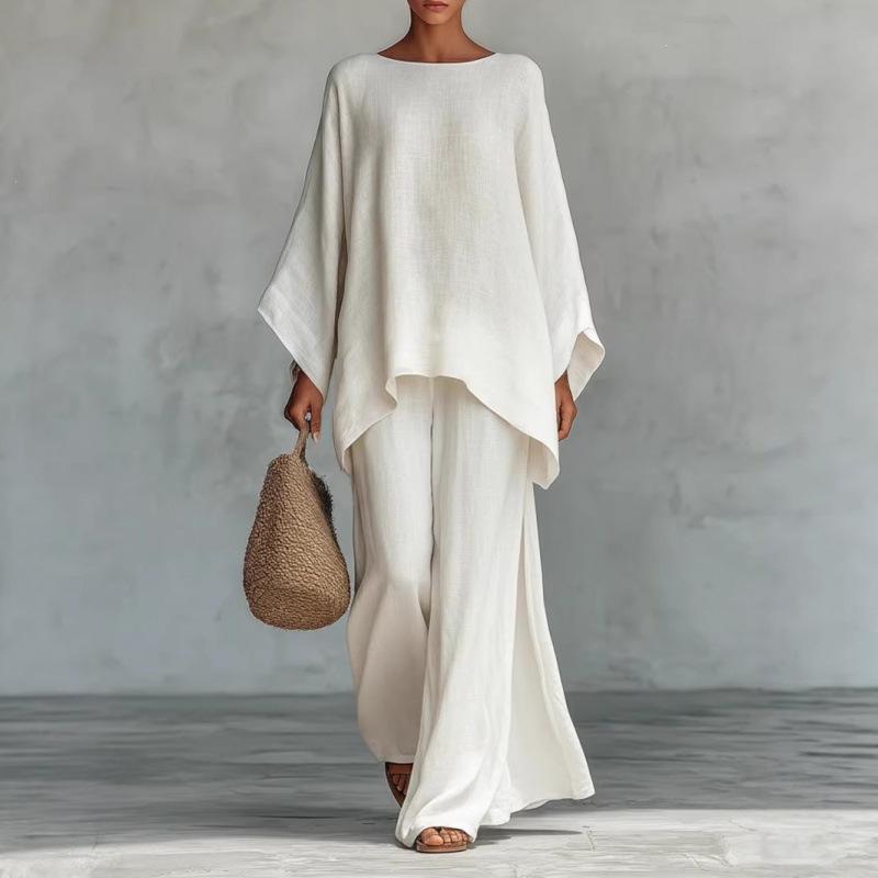 New 1116 European and American new women's elegant simple loose solid color shirt wide-leg pants set