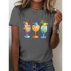 Pickleball Themed Cocktails Illustration Print T-shirt, Short Sleeve Crew Neck Casual Top for Summer & Spring, Women's Clothing