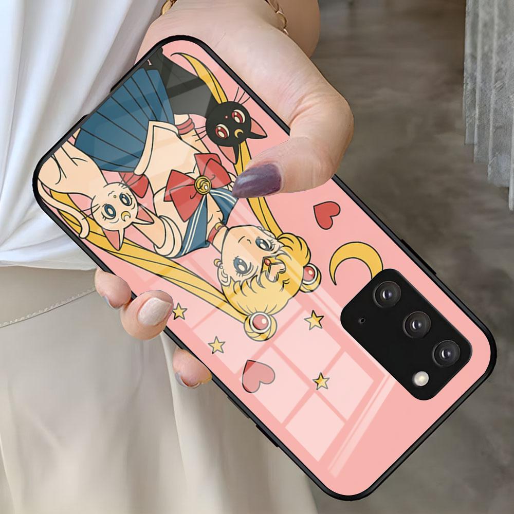 S-Sailor M-Moon Anime Phone Case For Samsung S25 S24 FE S23 S22 S21 Plus S20 Ultra Note20Ultra Black Glass Cover