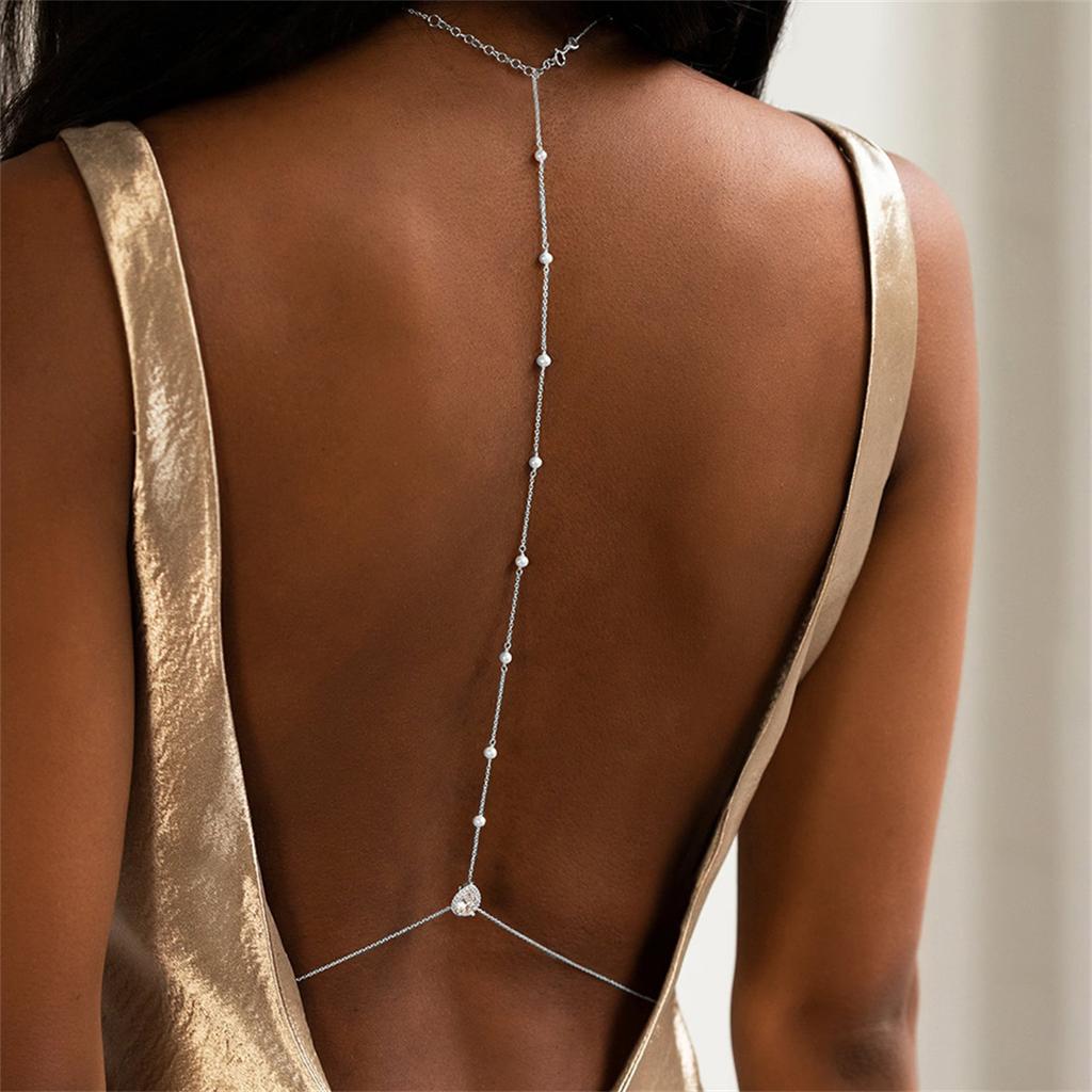Summer Dainty Single Layer Round Pearl Body Chain Back Necklace for Women Minimalist Faux Pearl Gold Chain Open Back Jewelry
