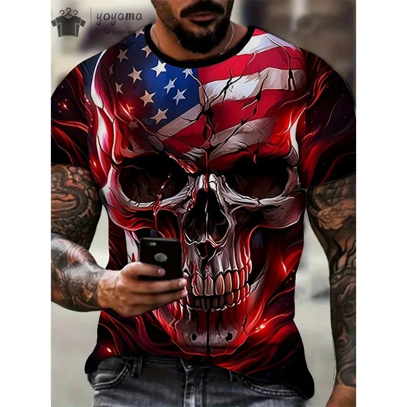 Hot Selling Summer Men's Halloween Horror Skull Print Comfortable and Breathable Round Neck T-shirt Outdoor Casual Party Top