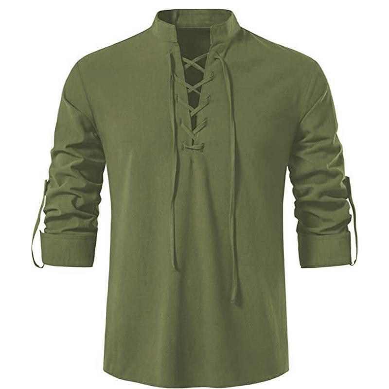 Chemise Henley en coton pour homme, à manches longues, décontractée, avec col montant et cordon de serrage.