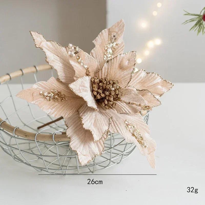 2025 Christmas High-end Flannelette Simulation Flower 28cm Golden Champagne Christmas Tree Decoration Flower Arrangement