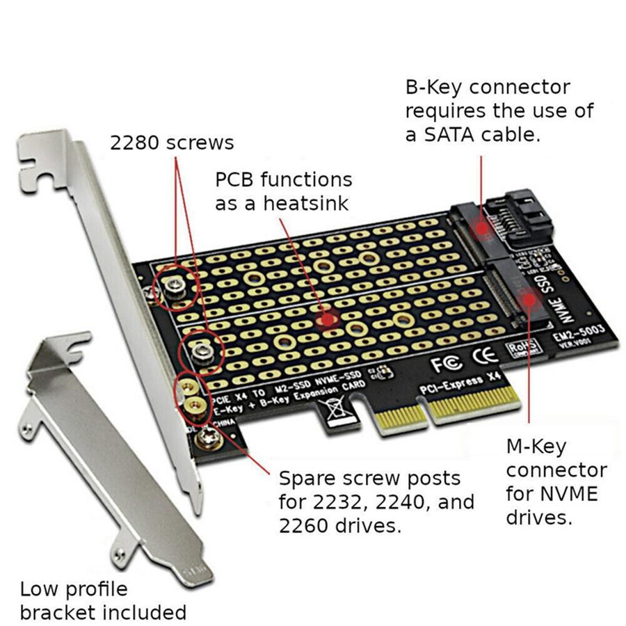Connect an M.2 NVMe and/or M.2 SATA drive to a desktop computer. Take advantage of NVMe SSD speeds in a desktop computer.