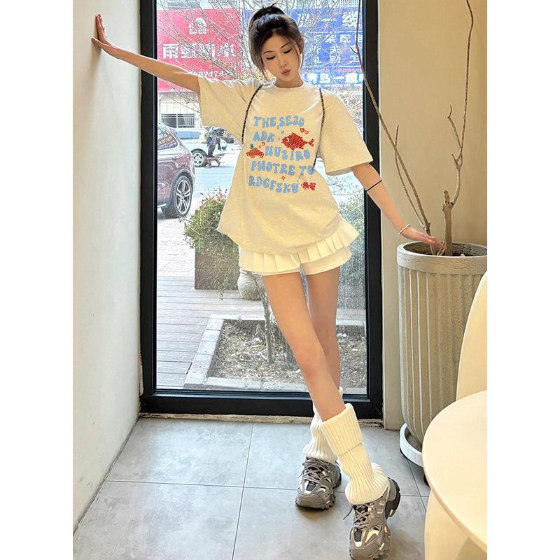 

Women s Cartoon Fish Letter Print Cotton T-Shirt L абрикосовый