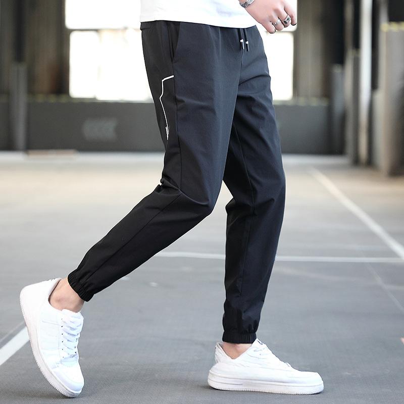 Men's Speed Dry Pants Summer Thin Comfortable Casual Pants Slim Sports Drawstring Men's Pants Nine Points