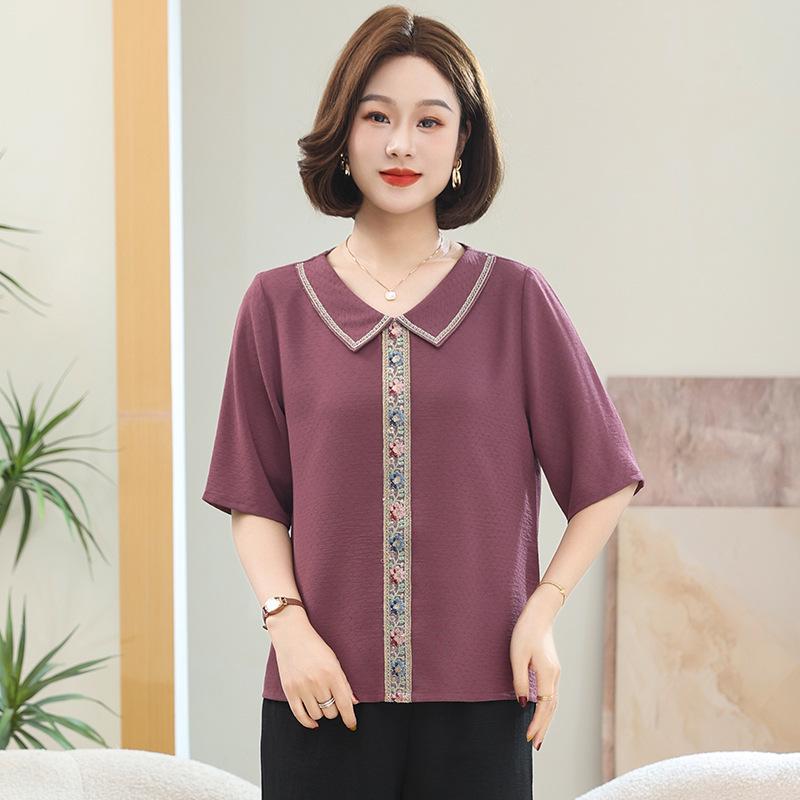 Elegant Summer Lapel T-shirt: Stylish Chinese Design for Middle-Aged & Elderly Women 3XL (Approx. 60-68kg)