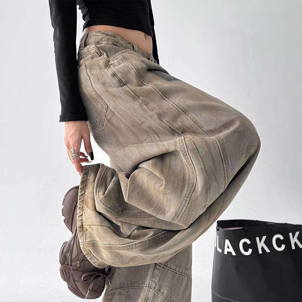 Women's Autumn Post-Apocalyptic Style Wide Leg Jeans - Dirty Dyed Print, Loose Curved Leg, Floor-Length Jazz Pants