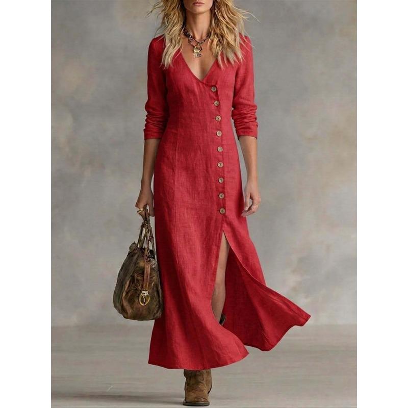 BITCED Fashion Spring Autumn Solid Color Print Long Sleeve V-Neck Casual Dresses