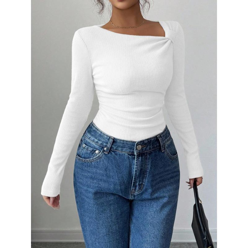 Women S Asymmetrical Neck Long Sleeve Knit Top Slim Fit Autumn Blouse