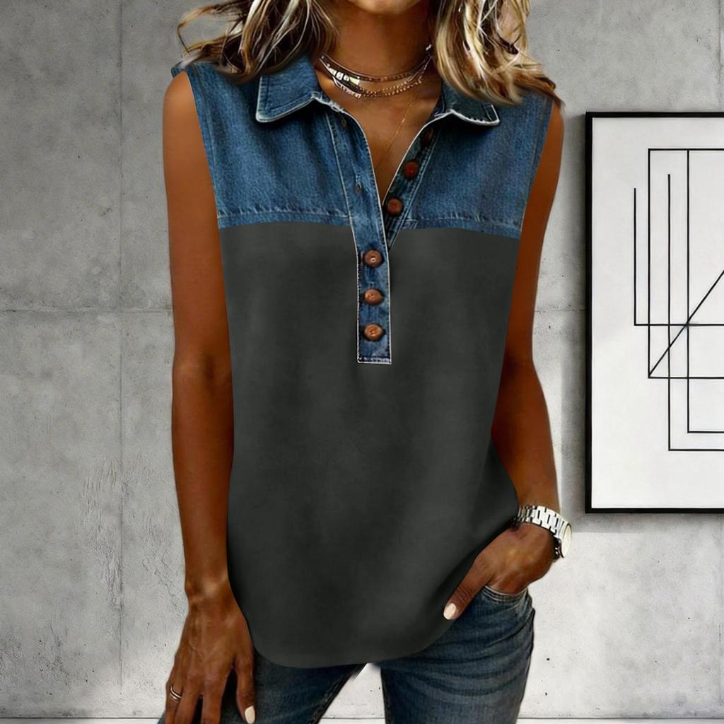 Women's Casual Fashion Denim Patchwork Sleeveless Button-Down Top Vest