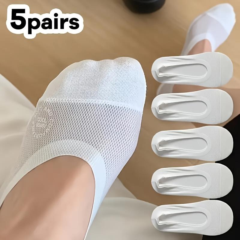 

5 Pairs Light Beige and White Breathable Comfortable Cute Ladies Non-Slip Invisible Socks |, Elastane, Machine Washable, Solid Color, Spring/Summer 5pairs