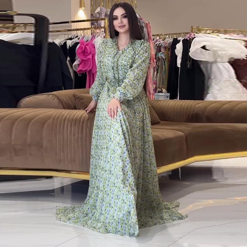 

2024 Осень Элегантное Европейское и Американское Женское Повседневное Платье с Длинным Рукавом и Принтом XL светло-зеленый