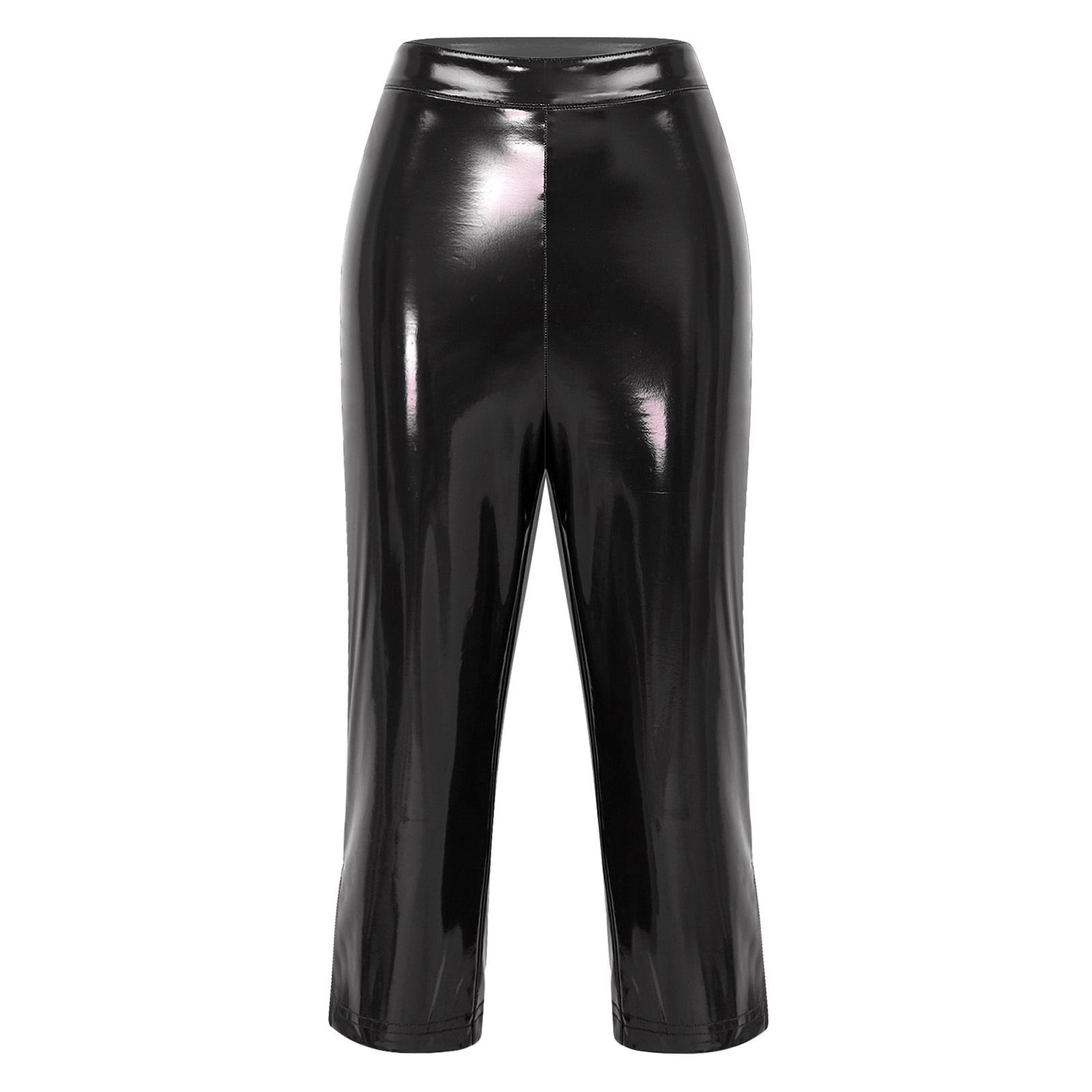 Damen Glänzende PU-Leder Capri-Hose Hohe Taille Gespaltene Beine Skinny Bleistift Nasse Optik Leggings S schwarz