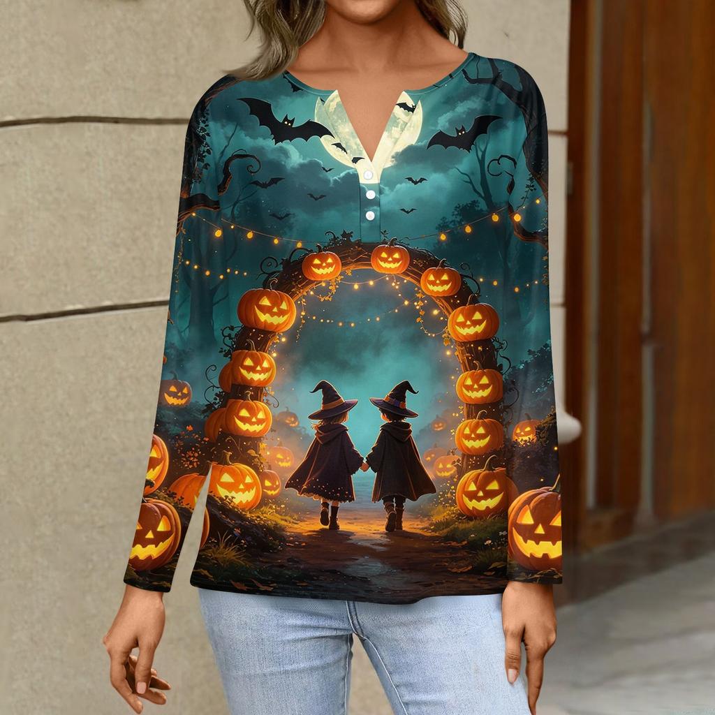 Women's Halloween Print V-Neck Long Sleeve T-Shirt with Button , Casual Fashion Top for Holiday Costume Party