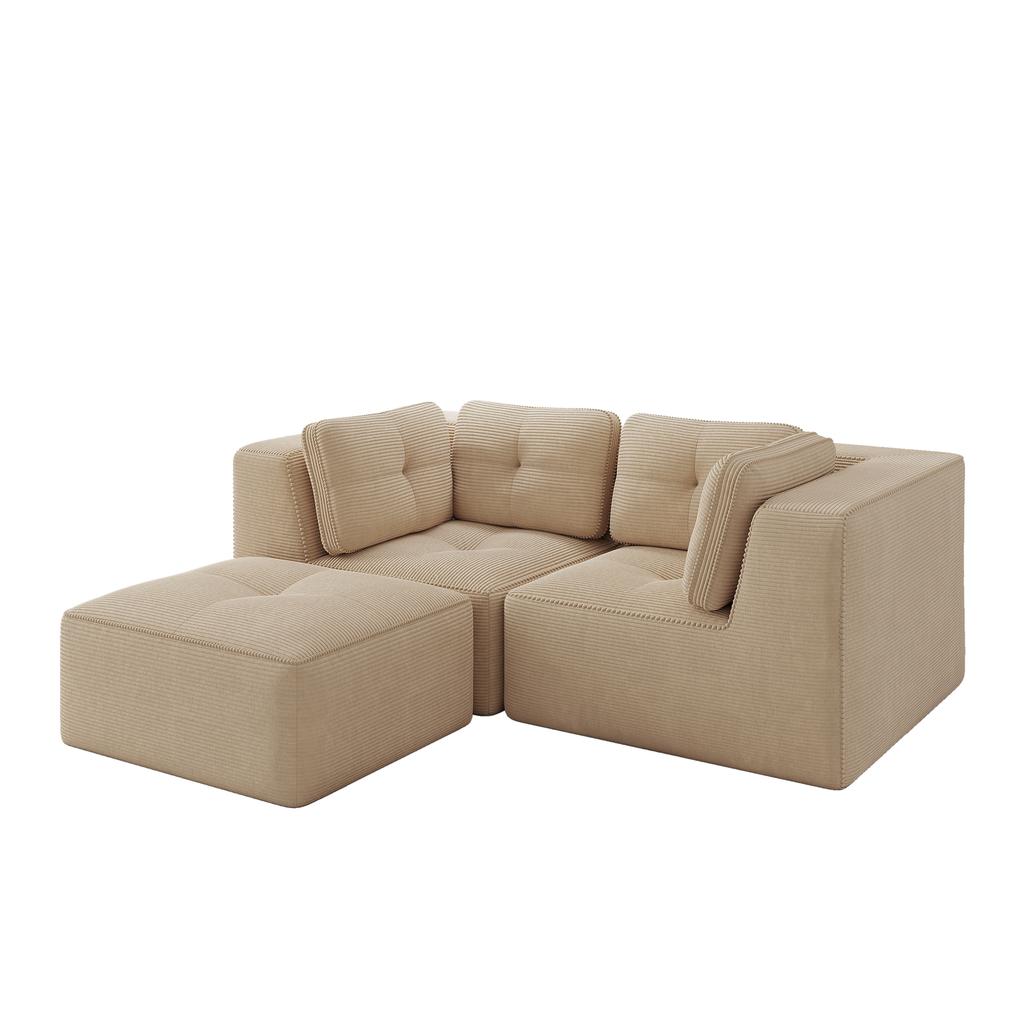 Modular corner sofa, two-seater, frameless L-shaped sofa with movable footrest, corduroy fabric, suitable for living room and bedroom, Beige