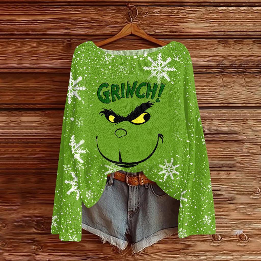 Women's Round Neck Lightweight Sweater Casual Long Sleeve Christmas Print Knit Pullover.